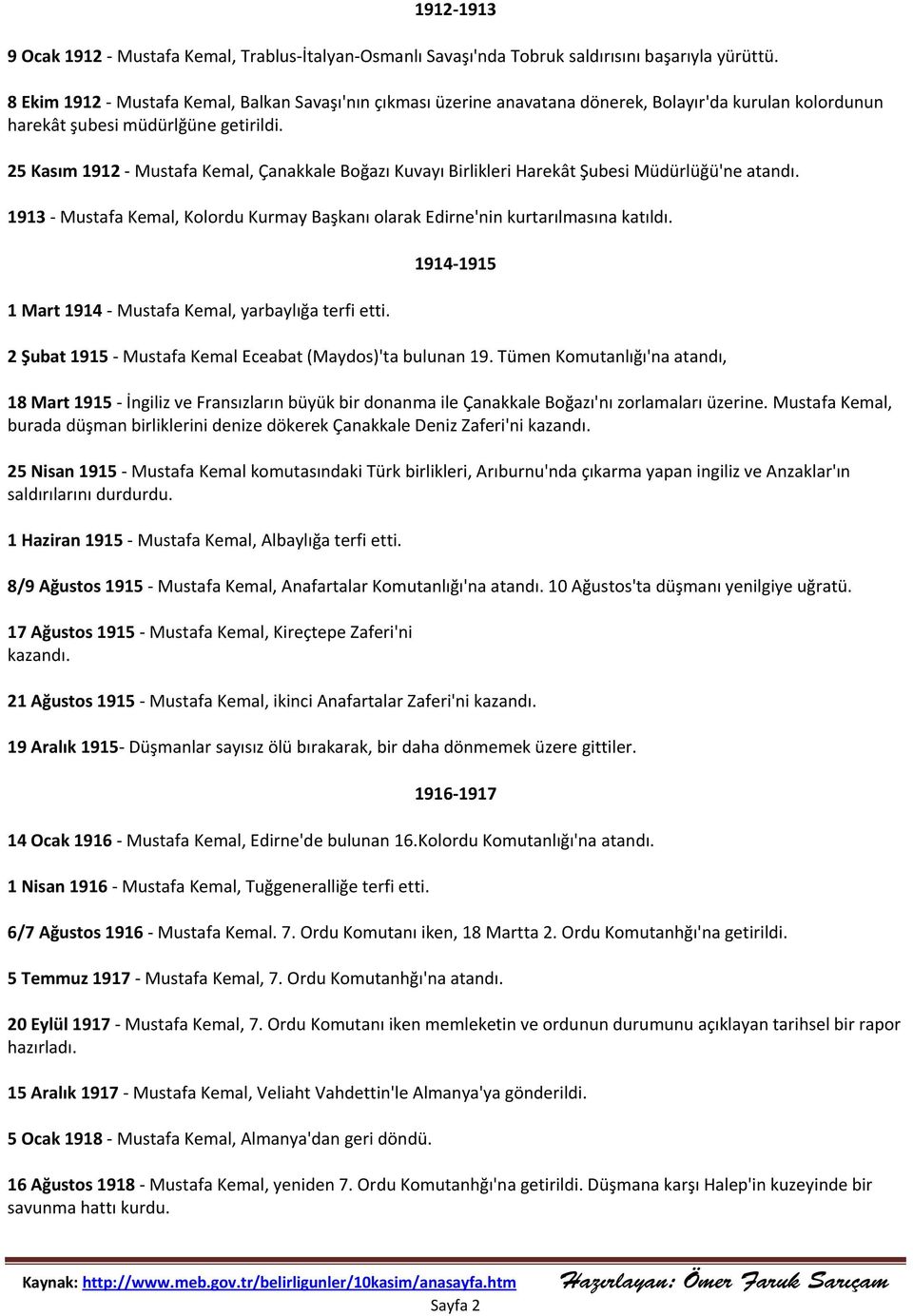 25 Kasım 1912 - Mustafa Kemal, Çanakkale Boğazı Kuvayı Birlikleri Harekât Şubesi Müdürlüğü'ne atandı. 1913 - Mustafa Kemal, Kolordu Kurmay Başkanı olarak Edirne'nin kurtarılmasına katıldı.