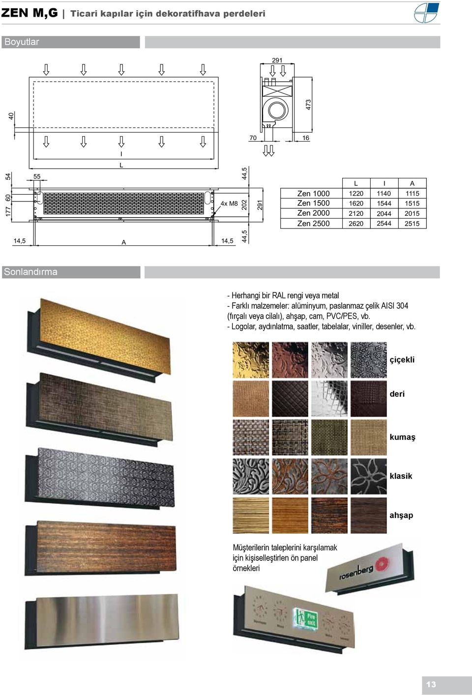 - Farklı malzemeler: alüminyum, paslanmaz çelik AISI 304 (fırçalı veya cilalı), ahşap, cam, PVC/PES, vb.
