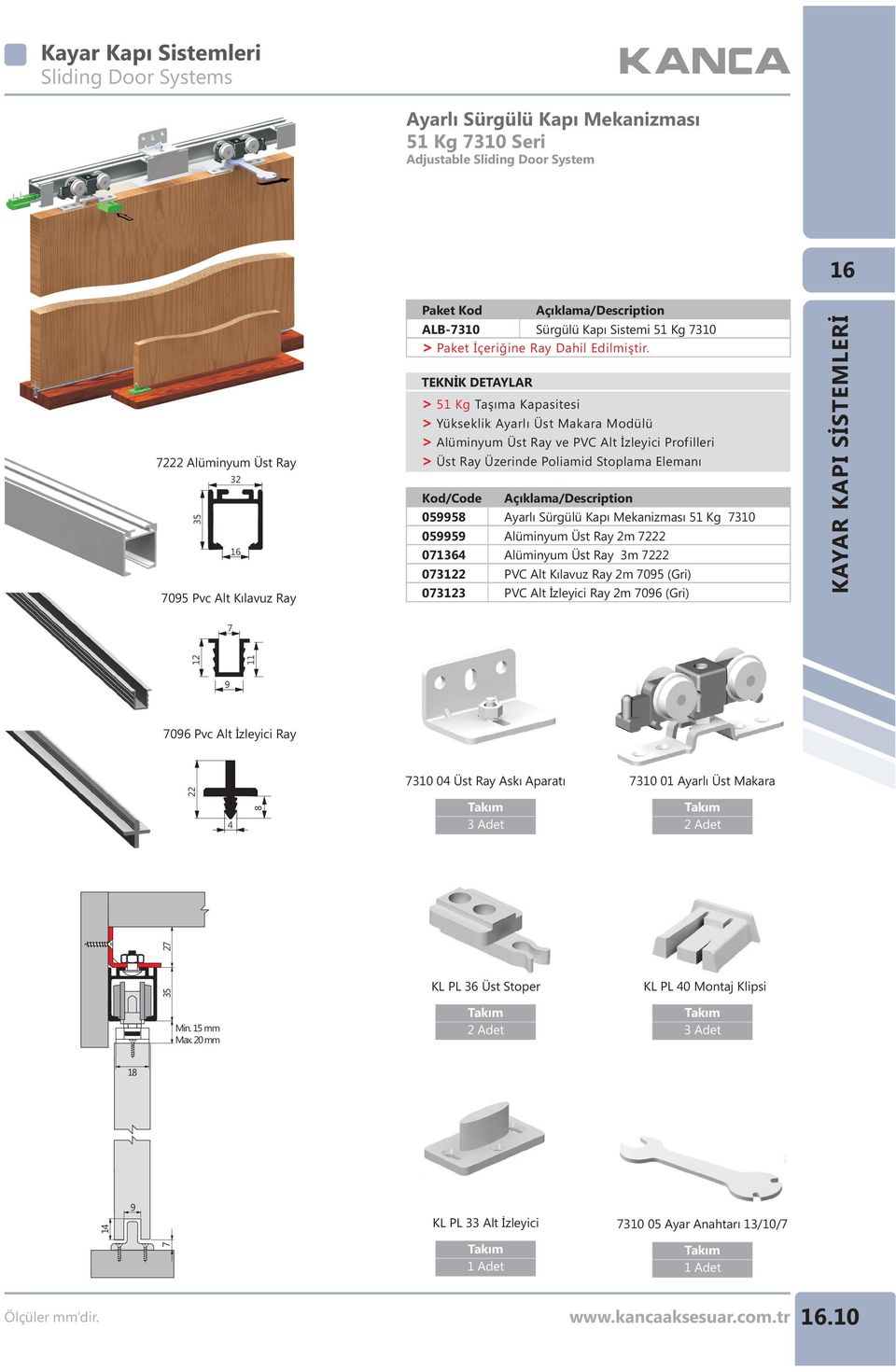 TEKNÝK DETAYLAR > 51 Kg Taþýma Kapasitesi > Yükseklik Ayarlý Üst Makara Modülü > Üst Ray ve PVC Alt Ýzleyici Profilleri > Üst Ray Üzerinde Poliamid Stoplama Elemaný Kod/Code 059958 059959 071364 0731