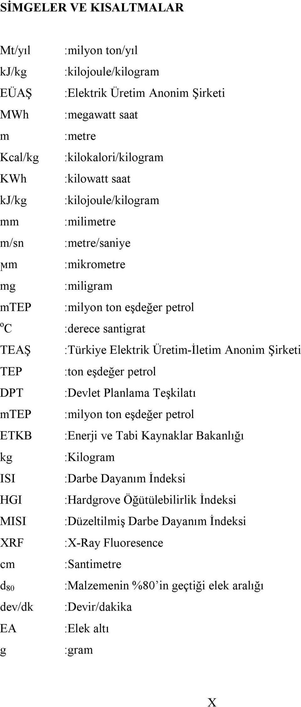 :derece santigrat :Türkiye Elektrik Üretim-İletim Anonim Şirketi :ton eşdeğer petrol :Devlet Planlama Teşkilatı :milyon ton eşdeğer petrol :Enerji ve Tabi Kaynaklar Bakanlığı :Kilogram
