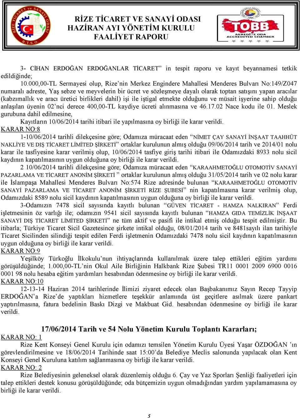 aracılar (kabzımallık ve aracı üretici birlikleri dahil) işi ile iştigal etmekte olduğunu ve müsait işyerine sahip olduğu anlaşılan üyenin 02 nci derece 400,00-TL kaydiye ücreti alınmasına ve 46.17.