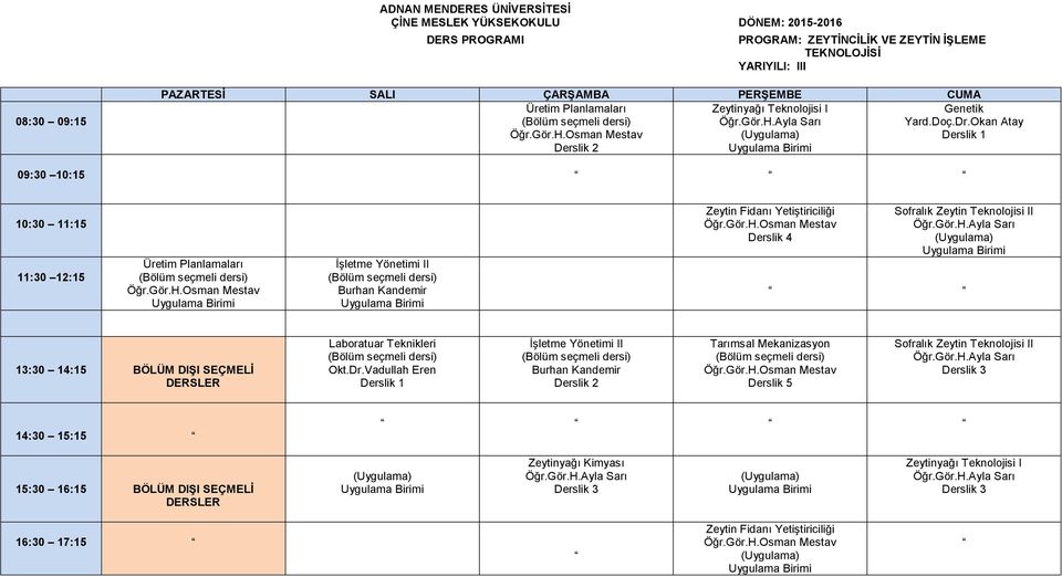 Sofralık Zeytin Teknolojisi II Laboratuar Teknikleri İşletme Yönetimi II Tarımsal Mekanizasyon Sofralık