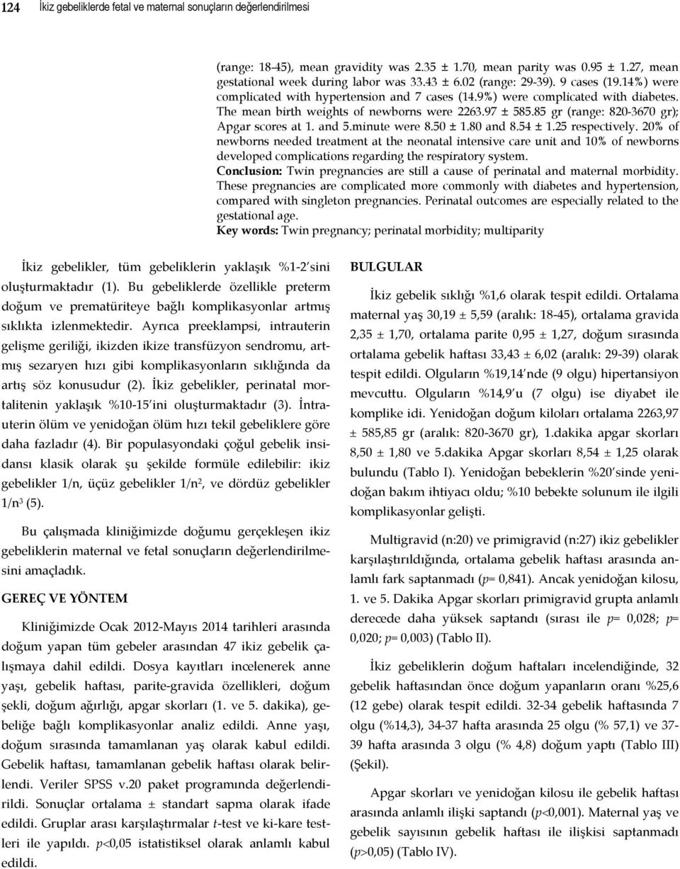 85 gr (range: 820-3670 gr); Apgar scores at 1. and 5.minute were 8.50 ± 1.80 and 8.54 ± 1.25 respectively.