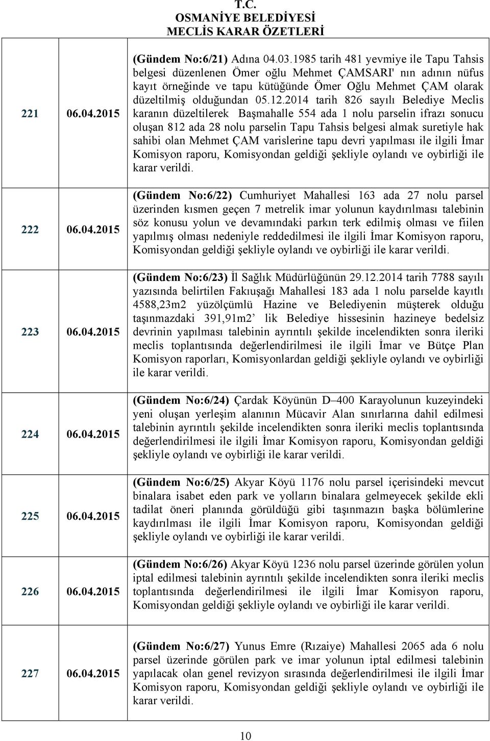 2014 tarih 826 sayılı Belediye Meclis karanın düzeltilerek Başmahalle 554 ada 1 nolu parselin ifrazı sonucu oluşan 812 ada 28 nolu parselin Tapu Tahsis belgesi almak suretiyle hak sahibi olan Mehmet