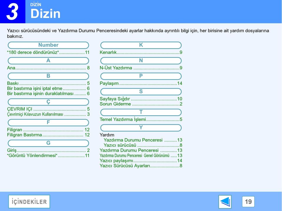 .. Filigran Bastýrma... G Giriþ... "Görüntü Yönlendirmesi"... K Kenarlýk...9 N N-Üst Yazdýrma...9 P Paylaþým... S Sayfaya Sýðdýr...0 Sorun Giderme... T Temel Yazdýrma Ýþlemi.