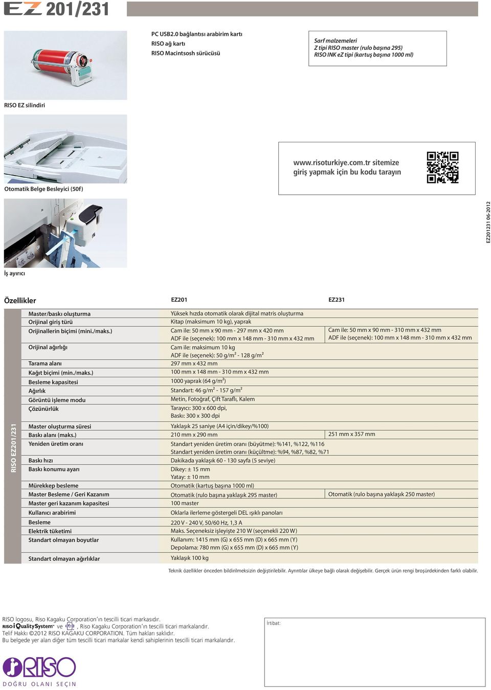 tr sitemize giriş yapmak için bu kodu tarayın Otomatik Belge Besleyici (50f) EZ201231 06-2012 İş ayırıcı Özellikler EZ201 EZ231 RISO EZ201/231 Master/baskı oluşturma Orijinal giriş türü Orijinallerin