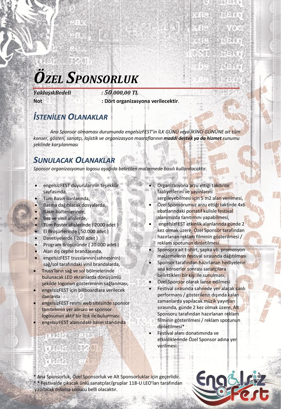 karşılanması engelsizfest duyurularının teşekkür sayfasında, Tüm Basın ilanlarında, Basına dağıtılacak dosyalarda, Basın bültenlerinde, Bez ve vinil afişlerde, Tüm Poster afişlerinde ( 2000 adet ) El