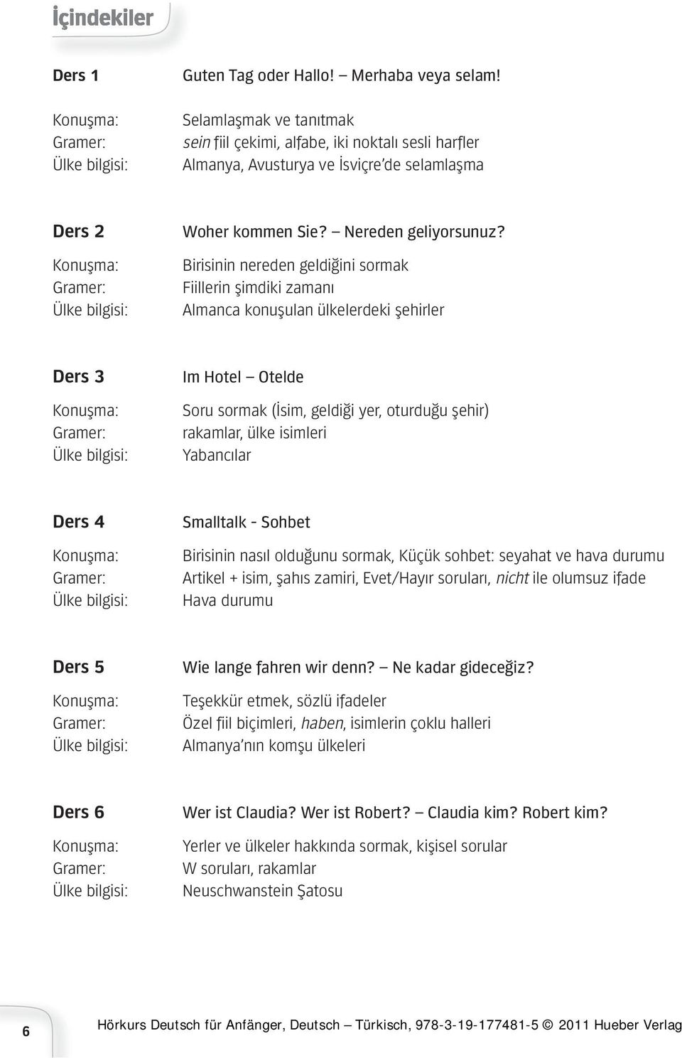 Birisinin nereden geldiğini sormak Fiillerin şimdiki zamanı Almanca konuşulan ülkelerdeki şehirler Ders 3 Im Hotel Otelde Soru sormak (İsim, geldiği yer, oturduğu şehir) rakamlar, ülke isimleri