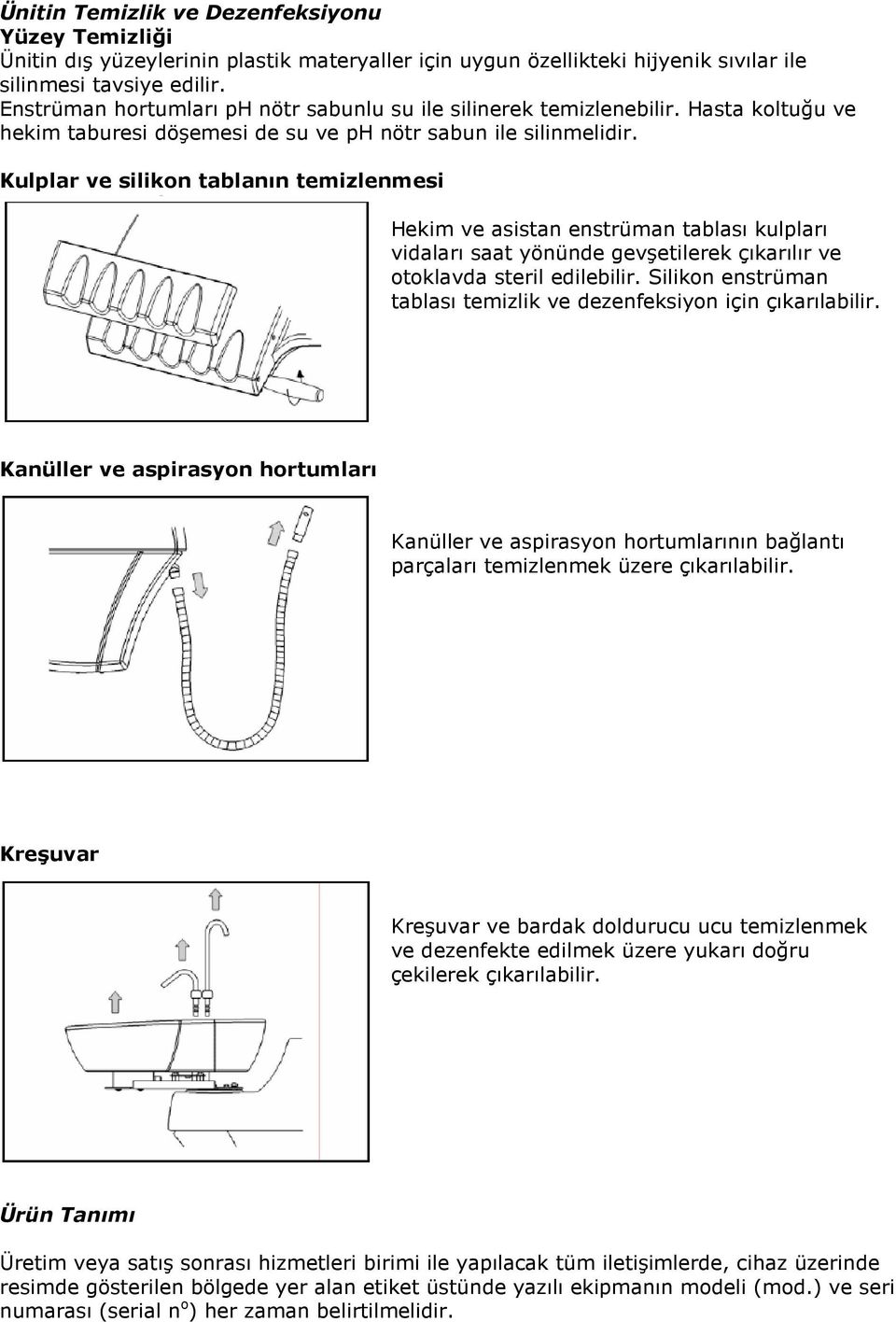 Kulplar ve silikon tablanın temizlenmesi Hekim ve asistan enstrüman tablası kulpları vidaları saat yönünde gevşetilerek çıkarılır ve otoklavda steril edilebilir.