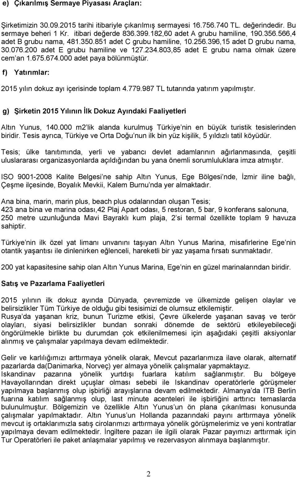 803,85 adet E grubu nama olmak üzere cem an 1.675.674.000 adet paya bölünmüştür. f) Yatırımlar: 2015 yılın dokuz ayı içerisinde toplam 4.779.987 TL tutarında yatırım yapılmıştır.