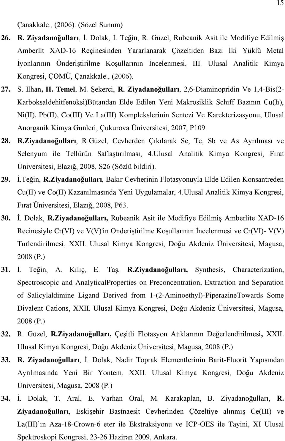 Ulusal Analitik Kimya Kongresi, ÇOMÜ, Çanakkale., (2006). 27. S. İlhan, H. Temel, M. Şekerci, R.
