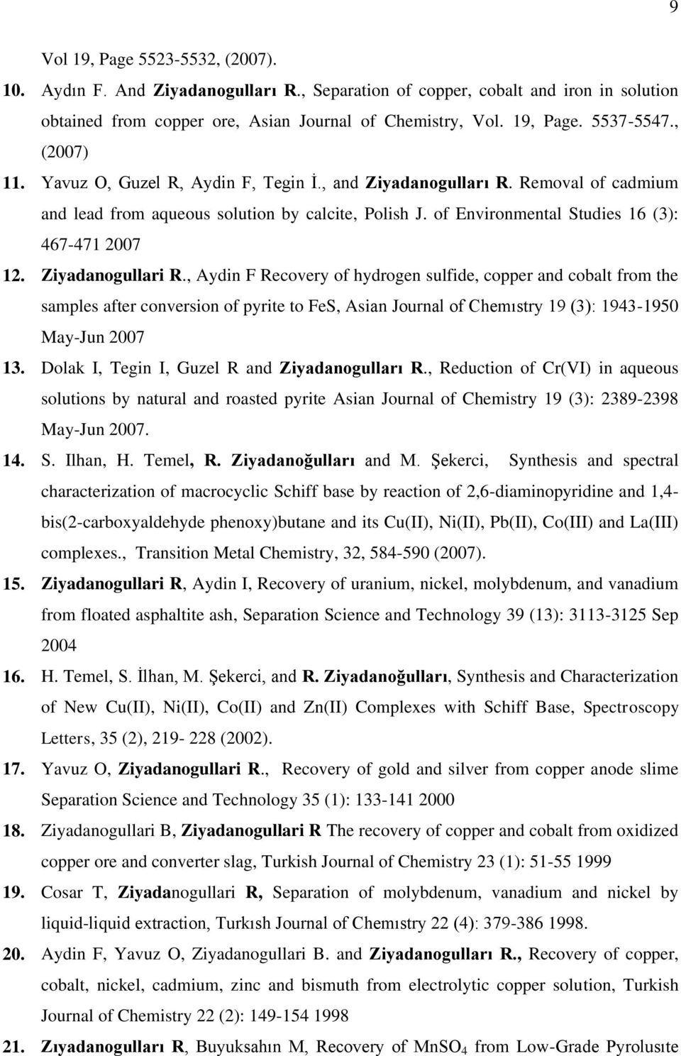 Ziyadanogullari R., Aydin F Recovery of hydrogen sulfide, copper and cobalt from the samples after conversion of pyrite to FeS, Asian Journal of Chemıstry 19 (3): 1943-1950 May-Jun 2007 13.