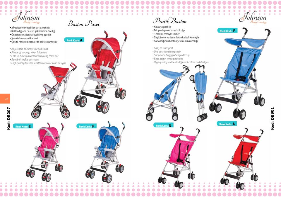 Adjustable backrest in 2 positions Shape of a buggy when folded up Fold up function without removing front bar Seat belt in five positions High quality textiles in different colors and
