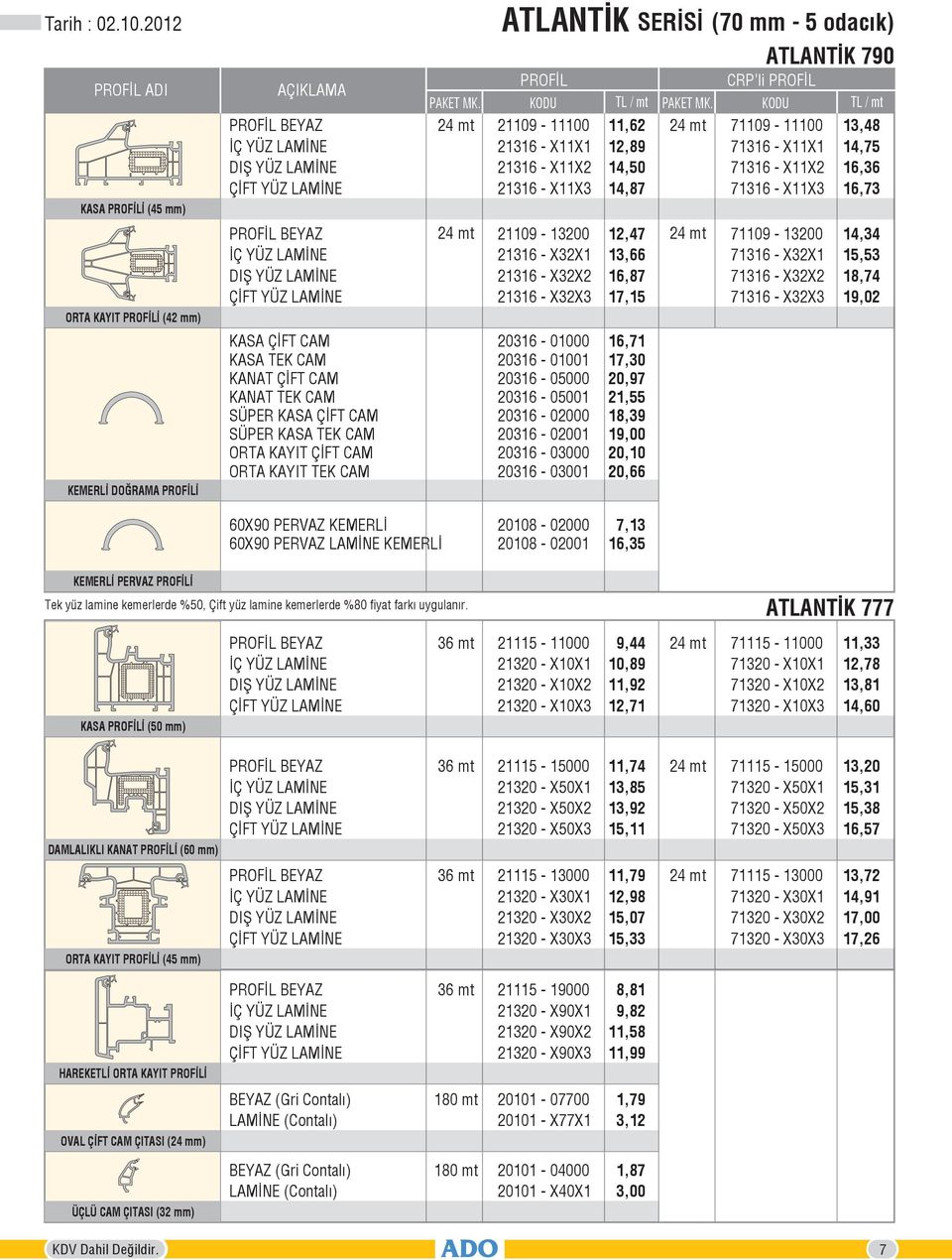 TEK CAM ORTA KAYIT ÇİFT CAM ORTA KAYIT TEK CAM ATLANTİK SERİSİ (70 mm - 5 odacık) 21109-13200 12,47 21316 - X32X1 13,66 21316 - X32X2 16,87 21316 - X32X3 17,15 ATLANTİK 790 PROFİL CRP li PROFİL PAKET