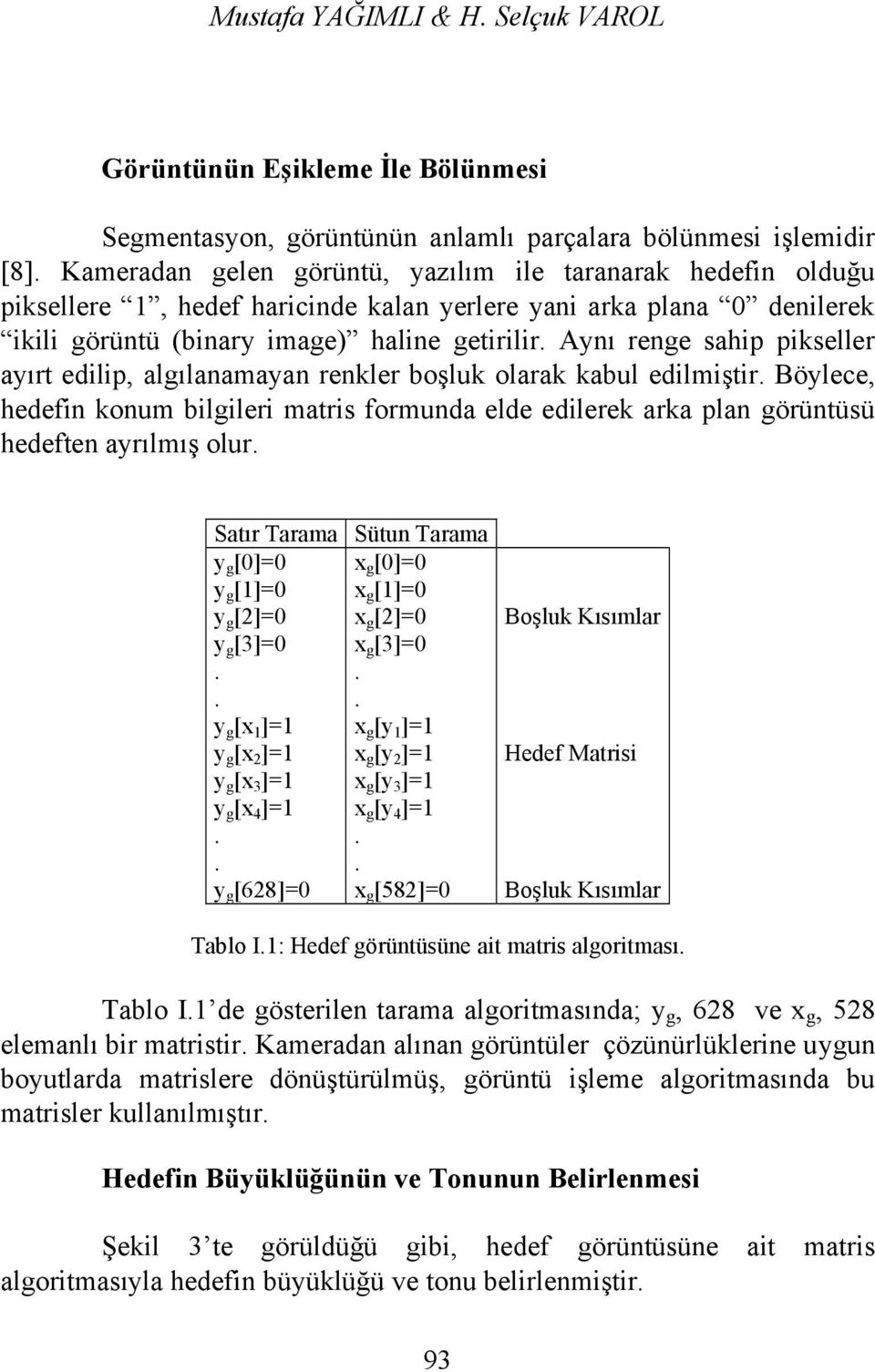 kabul edilmiştir Böylece, hedefin konum bilgileri matris formunda elde edilerek arka plan görüntüsü hedeften ayrılmış olur Satır Tarama Sütun Tarama y g [0]=0 x g [0]=0 y g [1]=0 x g [1]=0 y g [2]=0