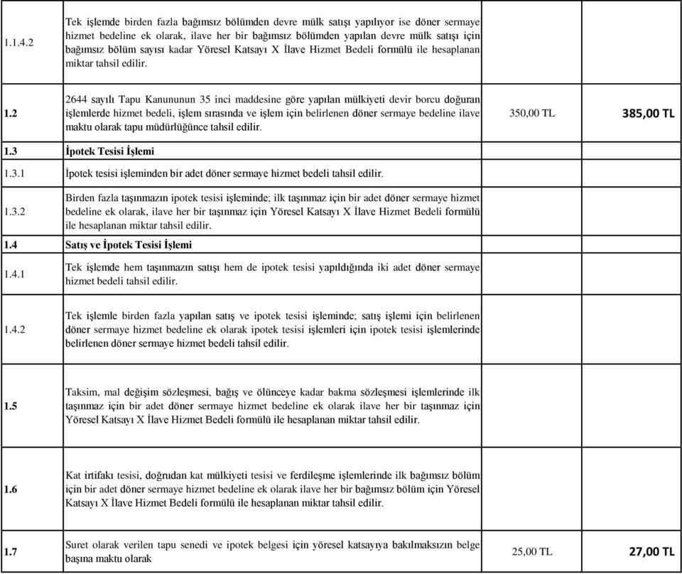 sayısı kadar Yöresel Katsayı X İlave Hizmet Bedeli formülü ile hesaplanan miktar tahsil edilir. 1.