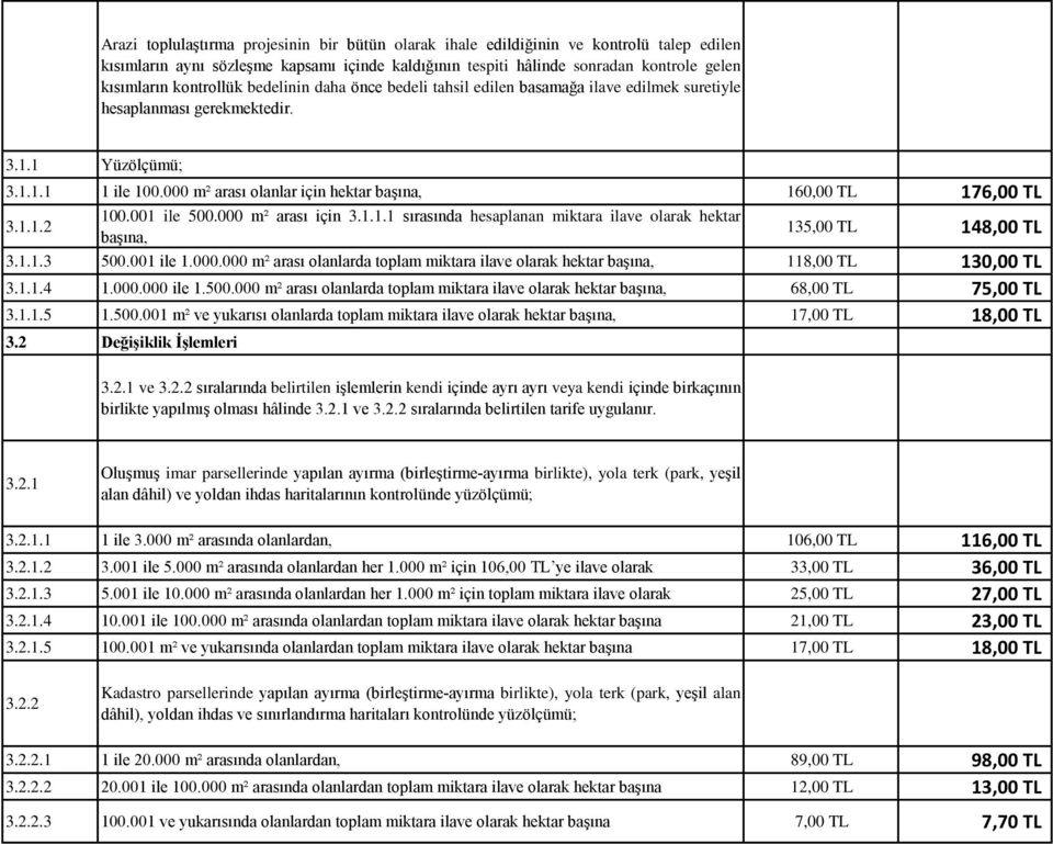 000 m² arası olanlar için hektar başına, 160,00 TL 176,00 TL 3.1.1.2 100.001 ile 500.000 m² arası için 3.1.1.1 sırasında hesaplanan miktara ilave olarak hektar başına, 135,00 TL 148,00 TL 3.1.1.3 500.