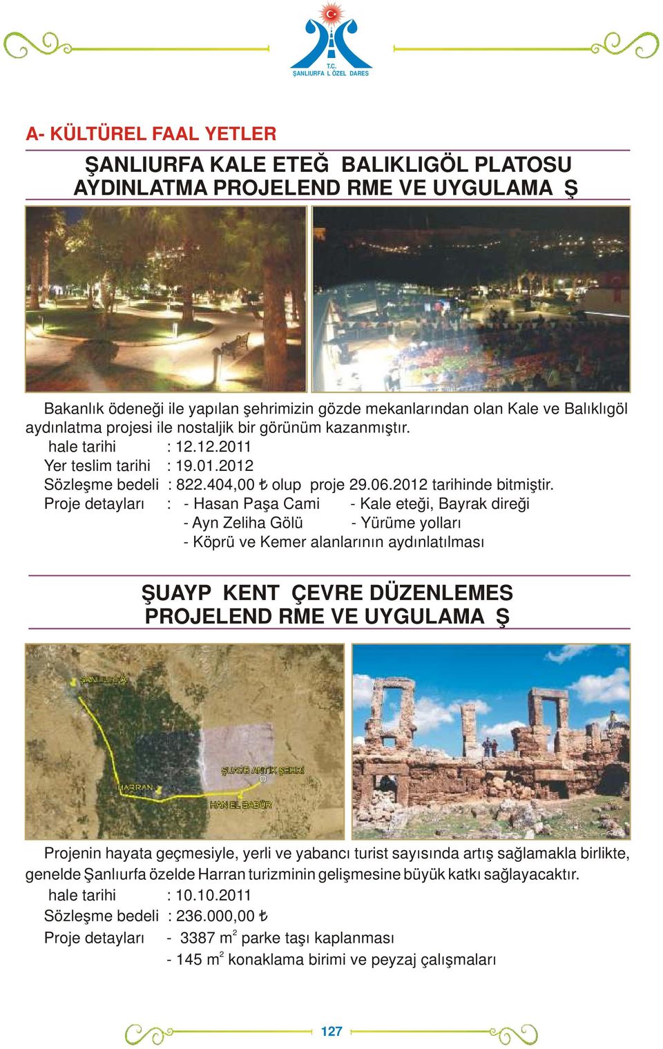 Proje detayları : - Hasan Paşa Cami - Kale eteği, Bayrak direği - Ayn Zeliha Gölü - Yürüme yolları - Köprü ve Kemer alanlarının aydınlatılması ŞUAYP KENTİ ÇEVRE DÜZENLEMESİ PROJELENDİRME VE UYGULAMA