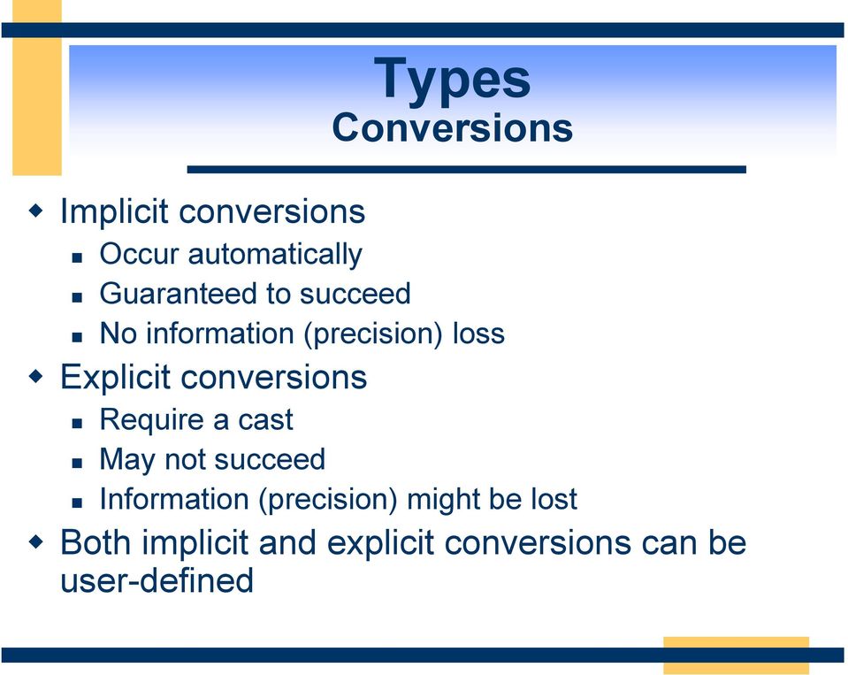 conversions Require a cast May not succeed Information