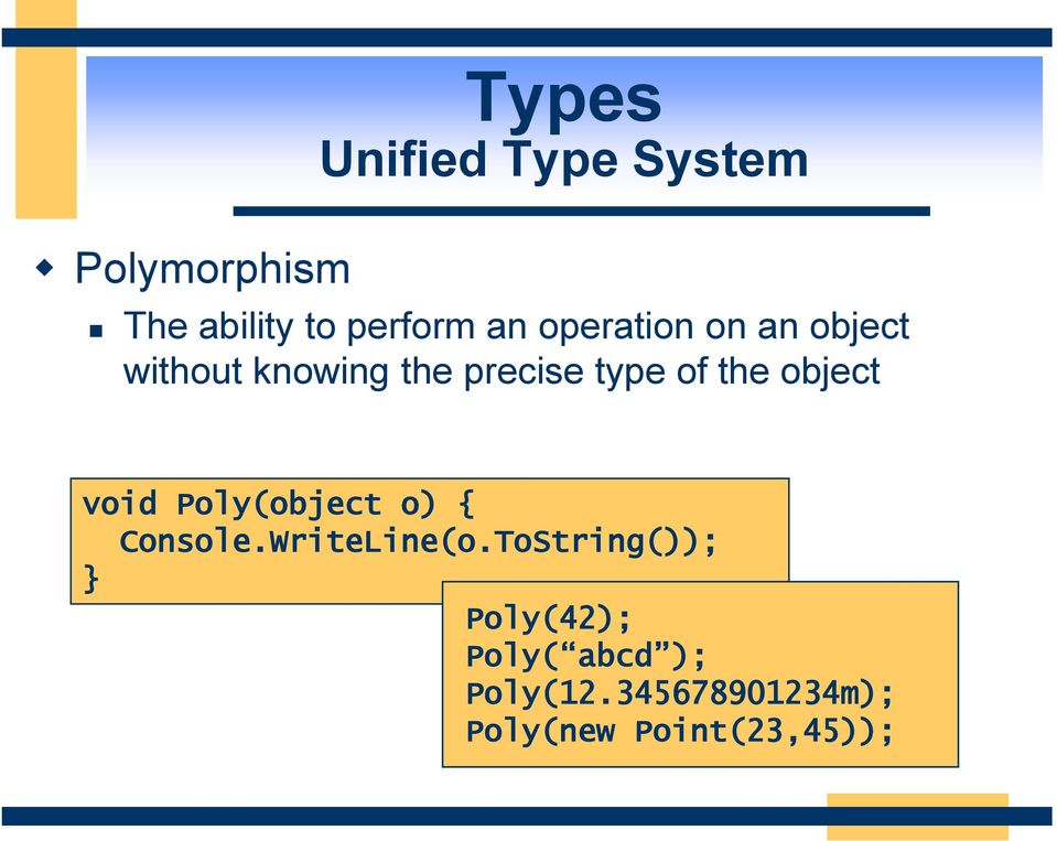 object void Poly(object o) { Console.WriteLine(o.