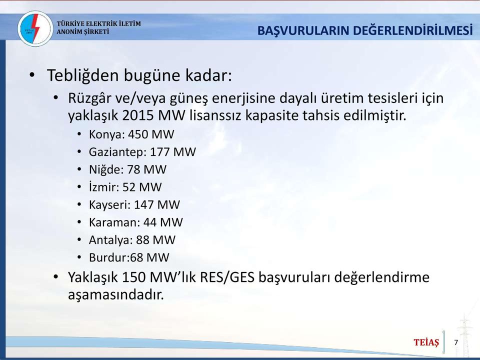 Konya: 450 MW Gaziantep: 177 MW Niğde: 78 MW İzmir: 52 MW Kayseri: 147 MW Karaman: 44 MW
