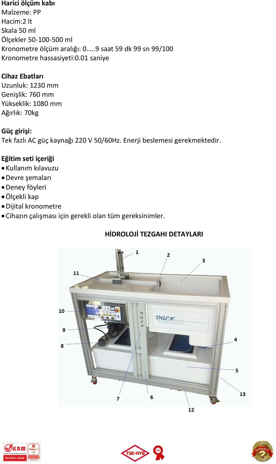 01 saniye Cihaz Ebatları Uzunluk: 1230 mm Genişlik: 760 mm Yükseklik: 1080 mm Ağırlık: 70kg Güç girişi: Tek fazlı AC güç