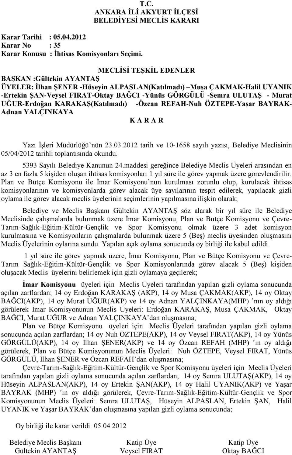 Meclisinin 05/04/2012 tarihli toplantısında okundu 5393 Sayılı Belediye Kanunun 24maddesi gereğince Belediye Meclis Üyeleri arasından en az 3 en fazla 5 kişiden oluşan ihtisas komisyonları 1 yıl süre