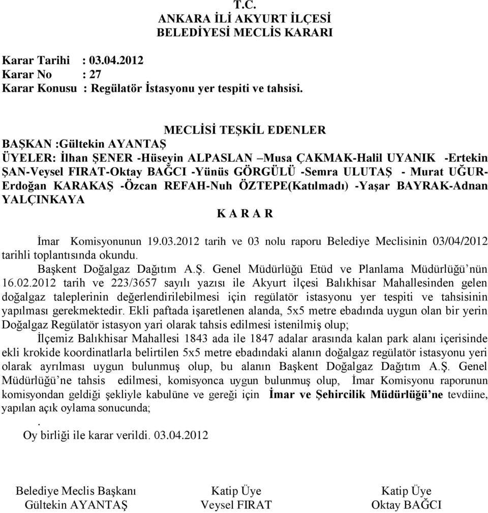 03/04/2012 tarihli toplantısında okundu Başkent Doğalgaz Dağıtım AŞ Genel Müdürlüğü Etüd ve Planlama Müdürlüğü nün 16022012 tarih ve 223/3657 sayılı yazısı ile Akyurt ilçesi Balıkhisar Mahallesinden