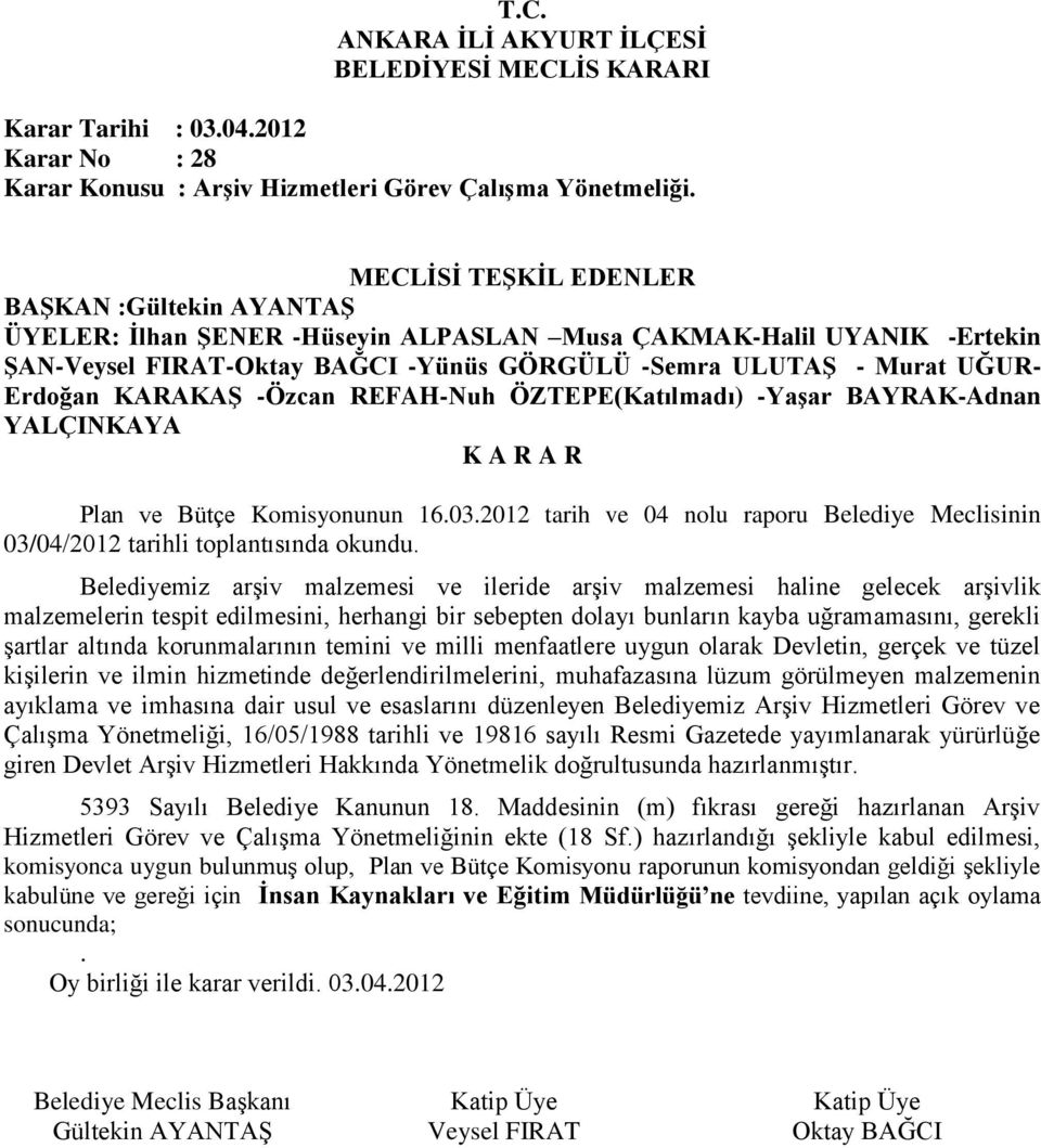 Meclisinin 03/04/2012 tarihli toplantısında okundu Belediyemiz arşiv malzemesi ve ileride arşiv malzemesi haline gelecek arşivlik malzemelerin tespit edilmesini, herhangi bir sebepten dolayı bunların