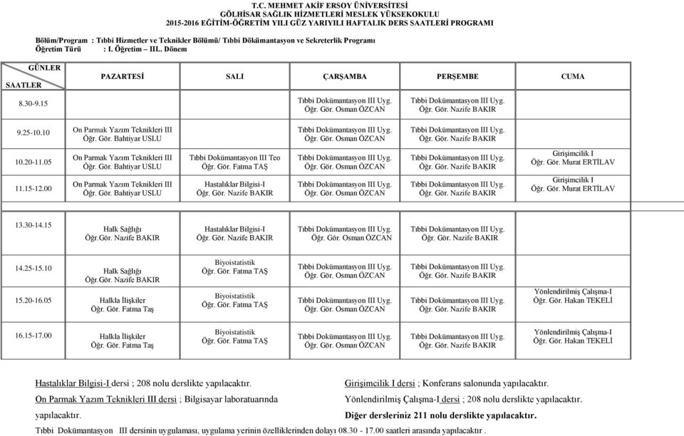 00 Halkla İlişkiler -I dersi ; 208 nolu derslikte yapılacaktır. dersi ; Konferans salonunda yapılacaktır.