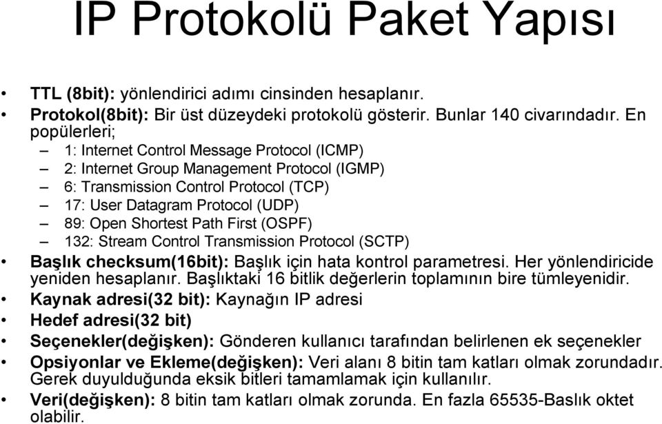 First (OSPF) 132: Stream Control Transmission Protocol (SCTP) Başlık checksum(16bit): Başlık için hata kontrol parametresi. Her yönlendiricide yeniden hesaplanır.