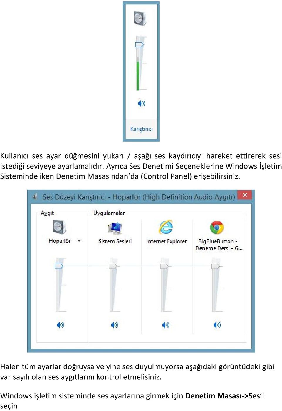 Ayrıca Ses Denetimi Seçeneklerine Windows İşletim Sisteminde iken Denetim Masasından da (Control Panel)