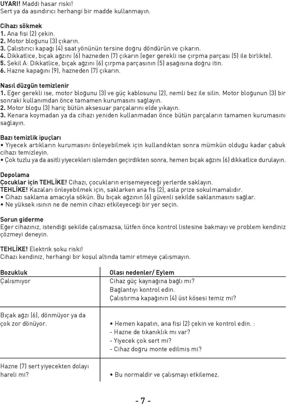 fiekil A: Dikkatlice, b çak a z n (6) ç rpma parças n n (5) afla s na do ru itin. 6. Hazne kapa n (9), hazneden (7) ç kar n. Nas l düzgün temizlenir 1.