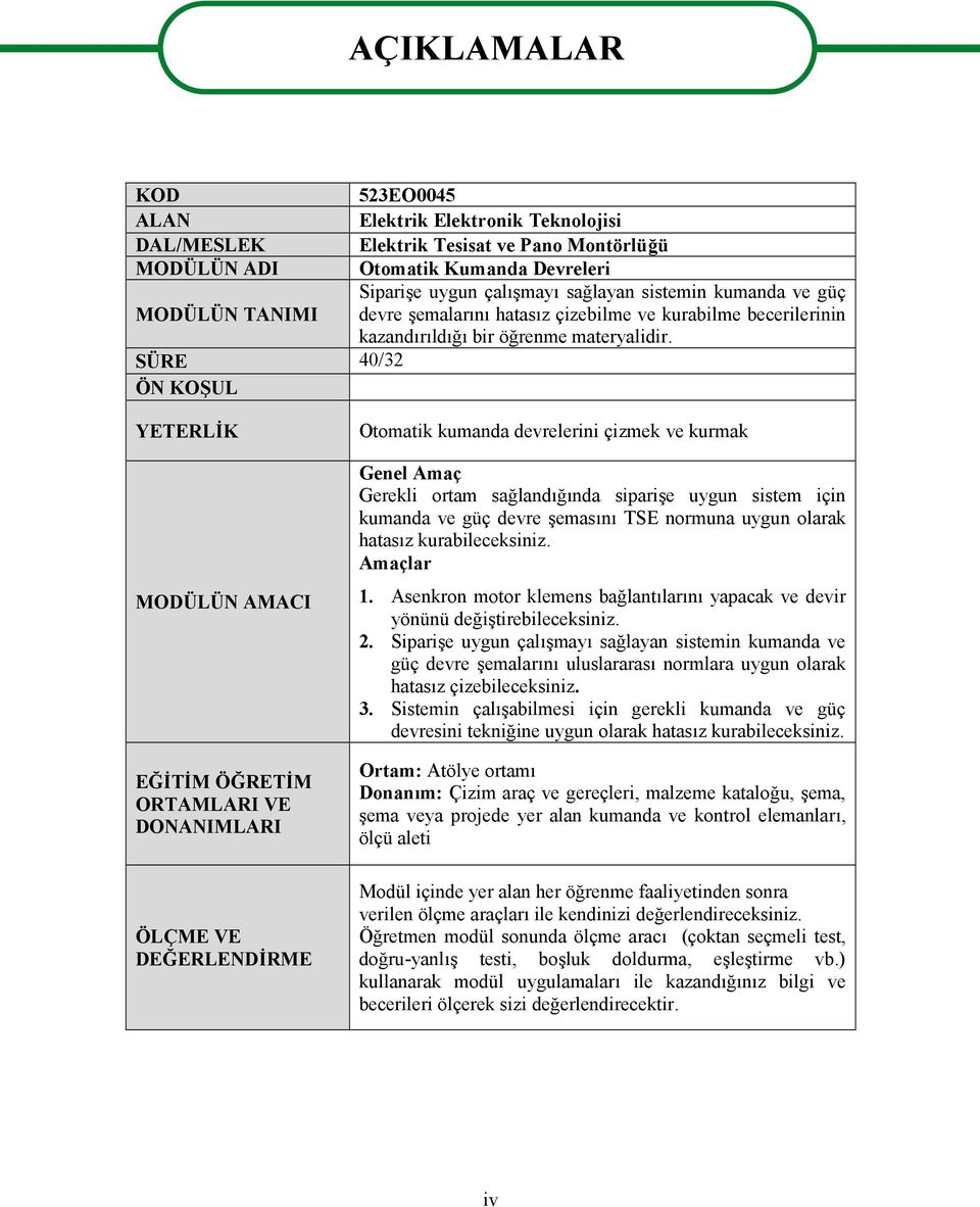 YETERLİK MODÜLÜN AMACI EĞİTİM ÖĞRETİM ORTAMLARI VE DONANIMLARI ÖLÇME VE DEĞERLENDİRME Otomatik kumanda devrelerini çizmek ve kurmak Genel Amaç Gerekli ortam sağlandığında siparişe uygun sistem için