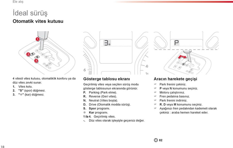 Drive (Otomatik modda sürüş). S. Spor programı. Kar programı. 1 ila 4. Geçirilmiş vites. -. Düz vites olarak işleyişte geçersiz değer. Aracın harekete geçişi Park frenini çekiniz.