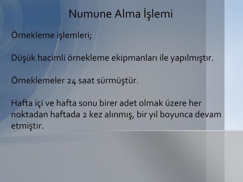 Örneklemeler 24 saat sürmüştür.