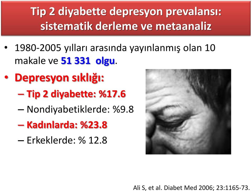 Depresyon sıklığı: Tip 2 diyabette: %17.6 Nondiyabetiklerde: %9.