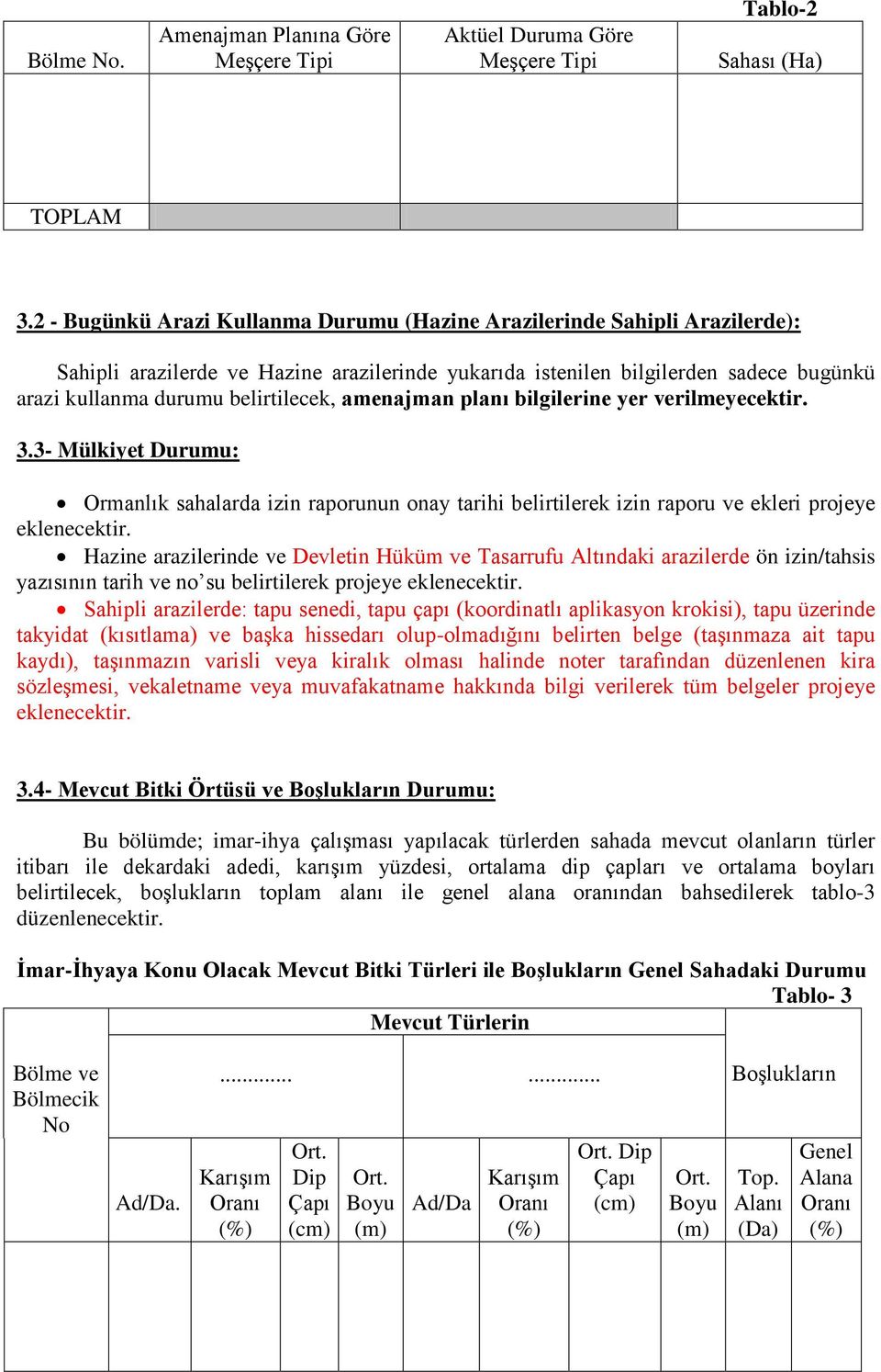 amenajman planı bilgilerine yer verilmeyecektir. 3.3- Mülkiyet Durumu: Ormanlık sahalarda izin raporunun onay tarihi belirtilerek izin raporu ve ekleri projeye eklenecektir.