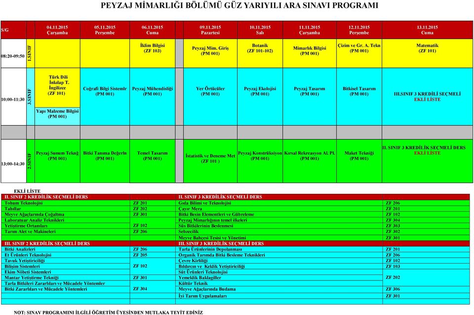 Tekn Matematik (ZF 101) (ZF 101) Coğrafi Bilgi Sistemlr Peyzaj Mühendisliği Yer Örtücüler Peyzaj Ekolojisi Peyzaj Tasarım Bitkisel Tasarım III.