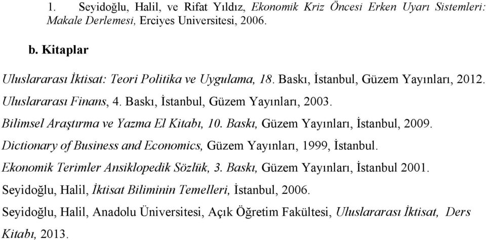 Bilimsel Araştırma ve Yazma El Kitabı, 10. Baskı, Güzem Yayınları, İstanbul, 2009. Dictionary of Business and Economics, Güzem Yayınları, 1999, İstanbul.