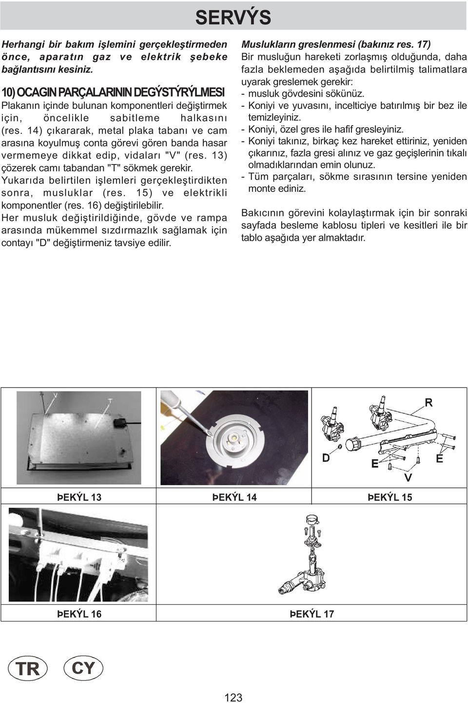 14) çıkararak, metal plaka tabanı ve cam arasına koyulmuş conta görevi gören banda hasar vermemeye dikkat edip, vidaları "V" (res. 13) çözerek camı tabandan "T" sökmek gerekir.