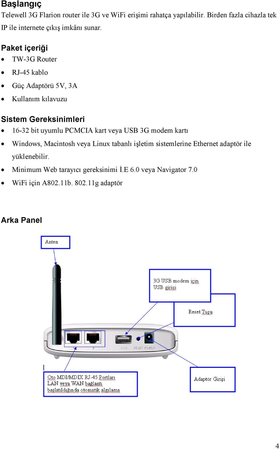 Paket içeriği TW-3G Router RJ-45 kablo Güç Adaptörü 5V, 3A Kullanım kılavuzu Sistem Gereksinimleri 16-32 bit uyumlu PCMCIA