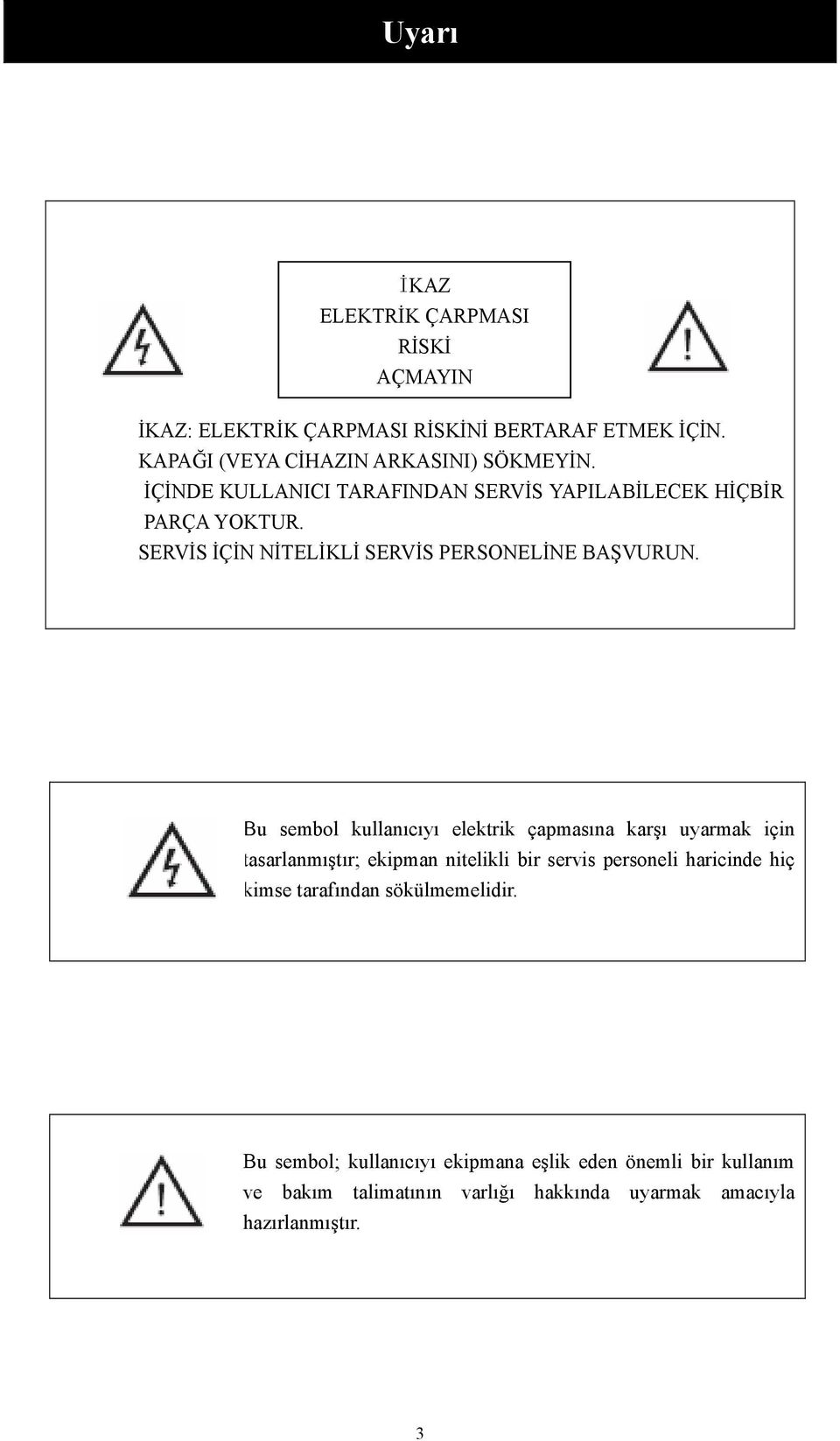 Bu sembol kullanıcıyı elektrik çapmasına karşı uyarmak için tasarlanmıştır; ekipman nitelikli bir servis personeli haricinde hiç kimse