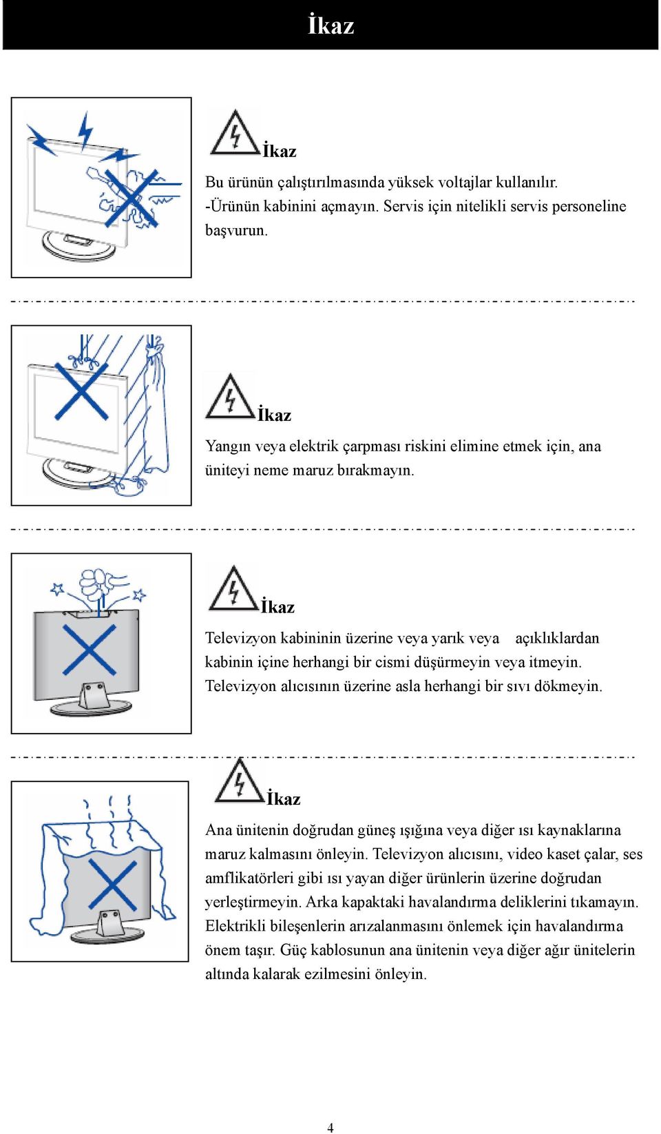 İkaz Televizyon kabininin üzerine veya yarık veya açıklıklardan kabinin içine herhangi bir cismi düşürmeyin veya itmeyin. Televizyon alıcısının üzerine asla herhangi bir sıvı dökmeyin.