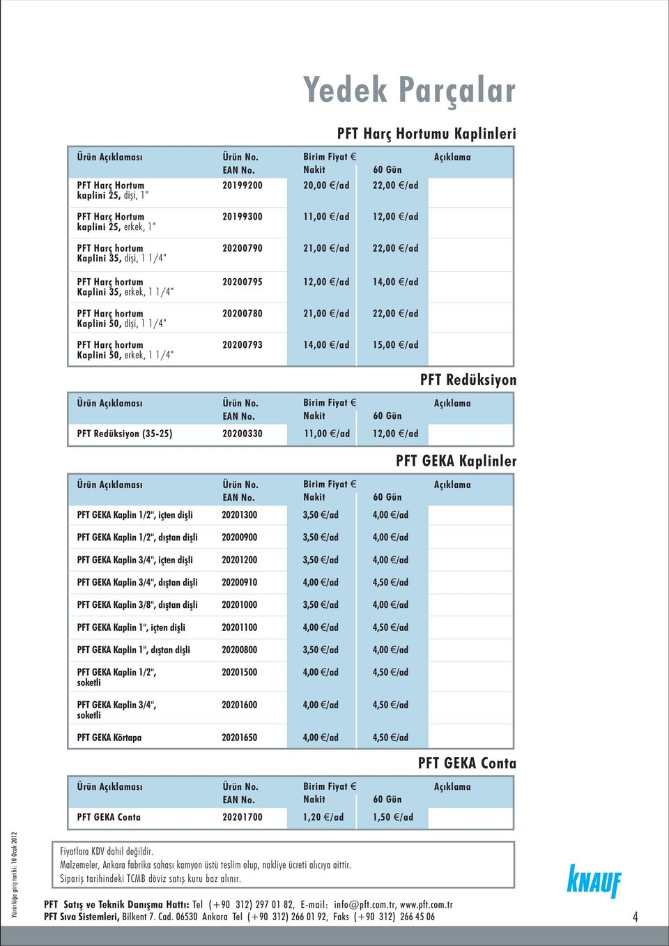 20200793 14,00 /ad 15,00 /ad Kaplini 50, erkek, 1 1/4" PFT Redüksiyon Ürün sı PFT Redüksiyon (35-25) 20200330 11,00 /ad 12,00 /ad PFT GEKA Kaplinler Ürün sı PFT GEKA Kaplin 1/2", içten dişli 20201300