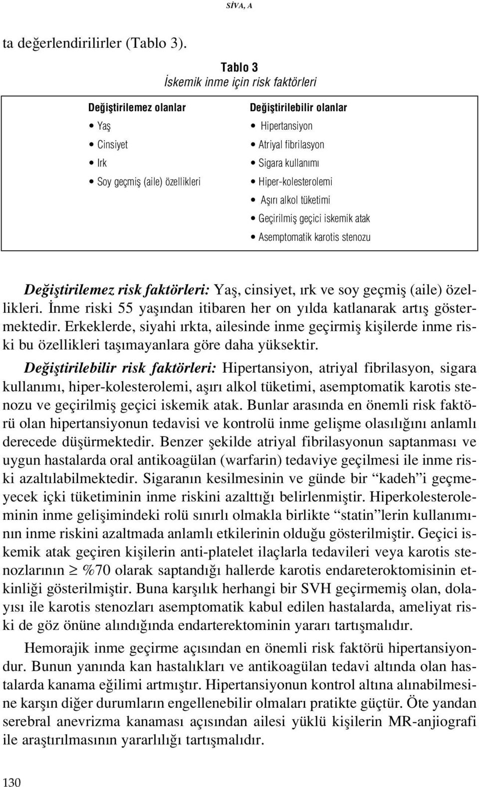 Hiper-kolesterolemi Afl r alkol tüketimi Geçirilmifl geçici iskemik atak Asemptomatik karotis stenozu De ifltirilemez risk faktörleri: Yafl, cinsiyet, rk ve soy geçmifl (aile) özellikleri.