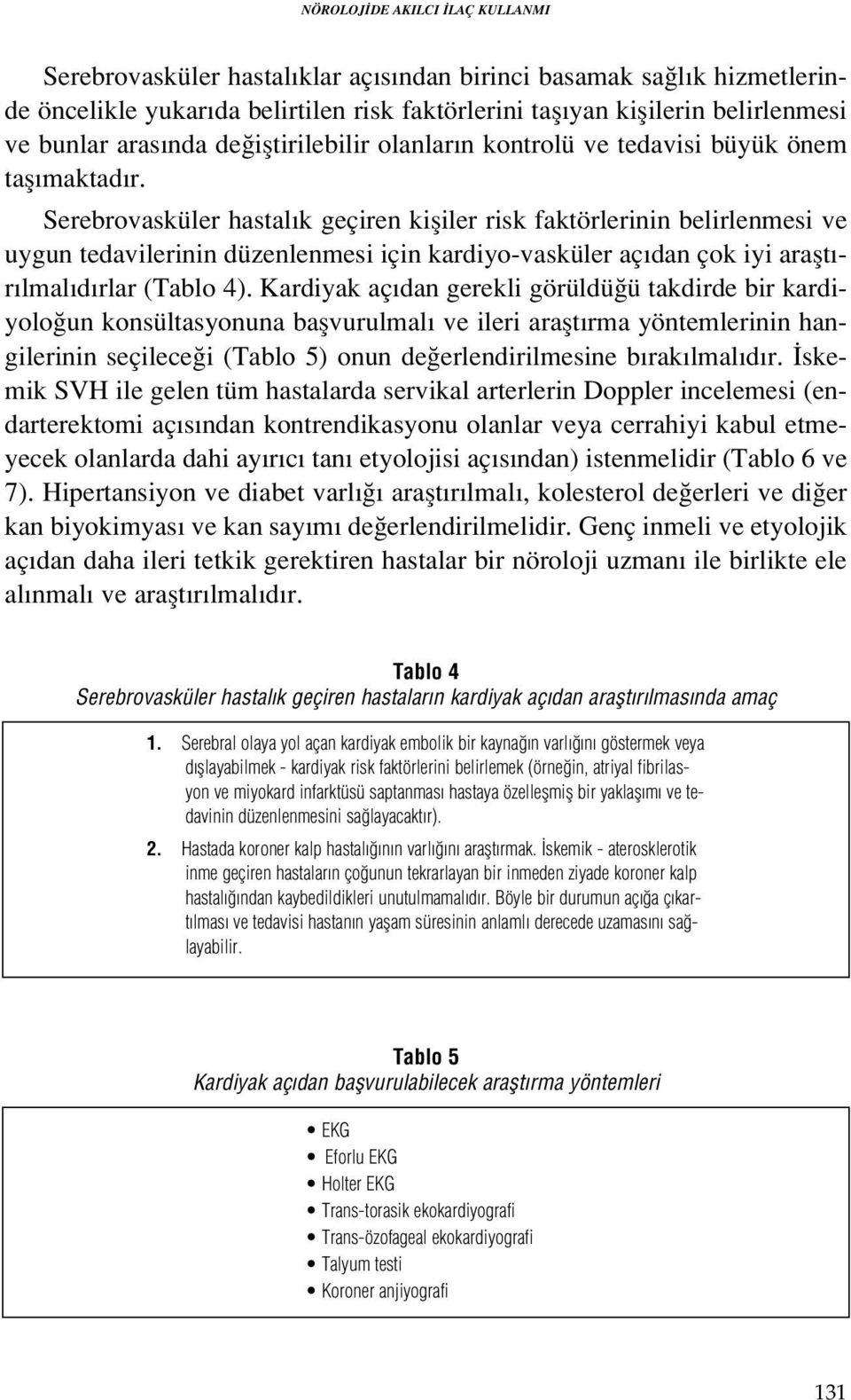 Serebrovasküler hastal k geçiren kifliler risk faktörlerinin belirlenmesi ve uygun tedavilerinin düzenlenmesi için kardiyo-vasküler aç dan çok iyi araflt - r lmal d rlar (Tablo 4).