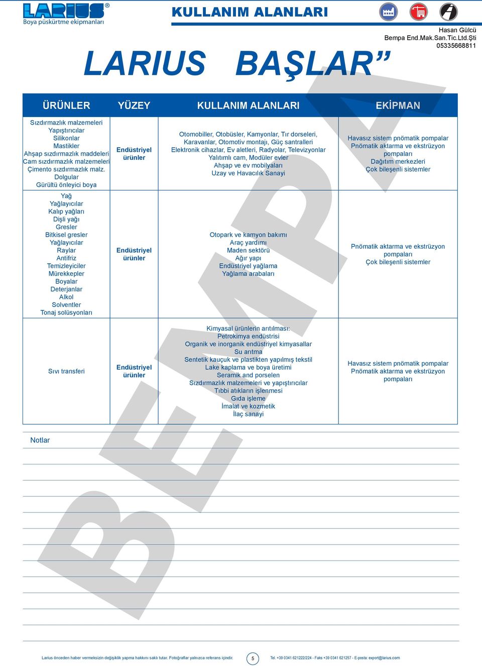 solüsyonları Notlar Sıvı transferi Endüstriyel ürünler Endüstriyel ürünler Endüstriyel ürünler KULLANIM ALANLARI LARIUS BAŞLAR Otomobiller, Otobüsler, Kamyonlar, Tır dorseleri, Karavanlar, Otomotiv