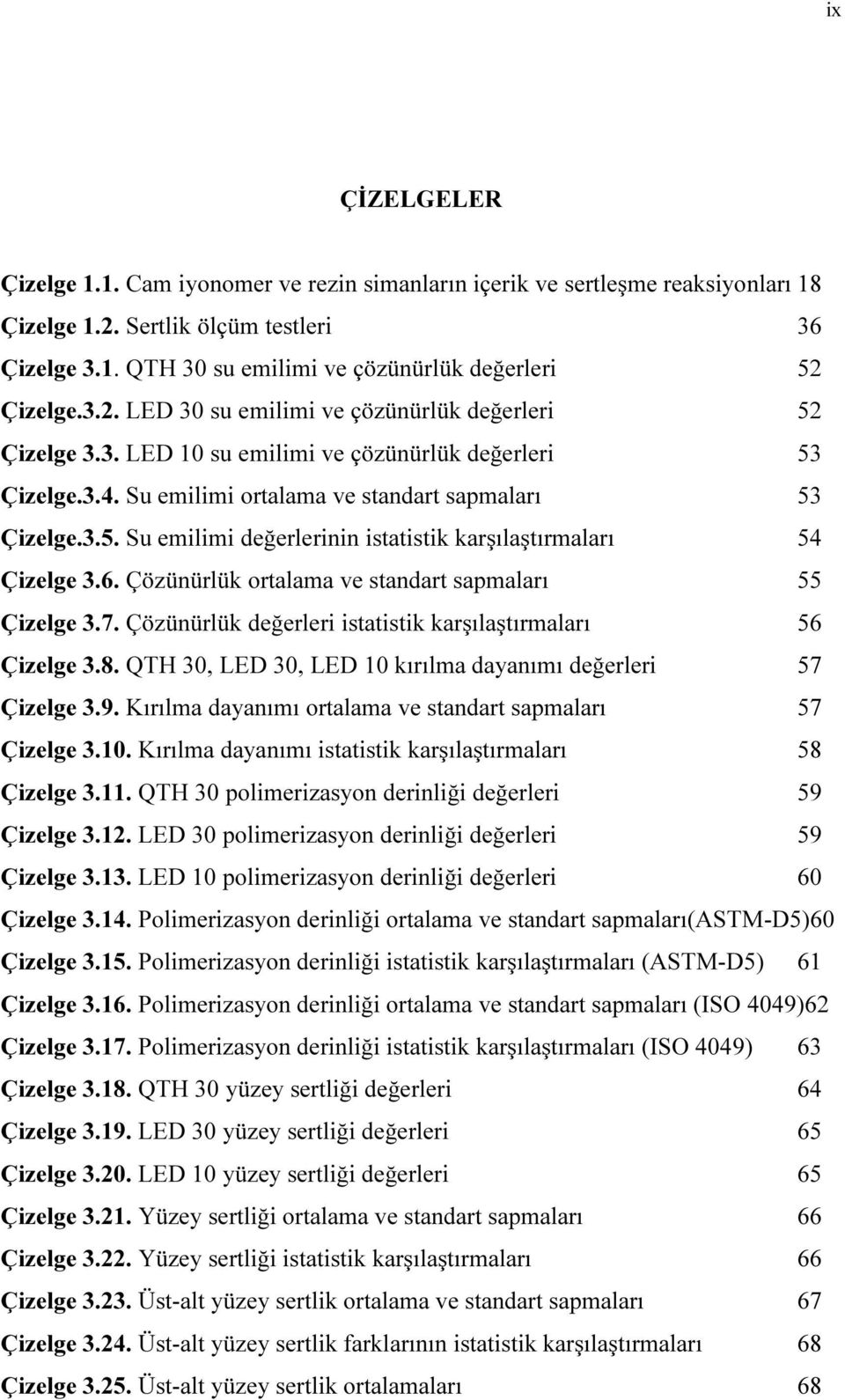 6. Çözünürlük ortalama ve standart sapmaları 55 Çizelge 3.7. Çözünürlük değerleri istatistik karşılaştırmaları 56 Çizelge 3.8. QTH 30, LED 30, LED 10 kırılma dayanımı değerleri 57 Çizelge 3.9.