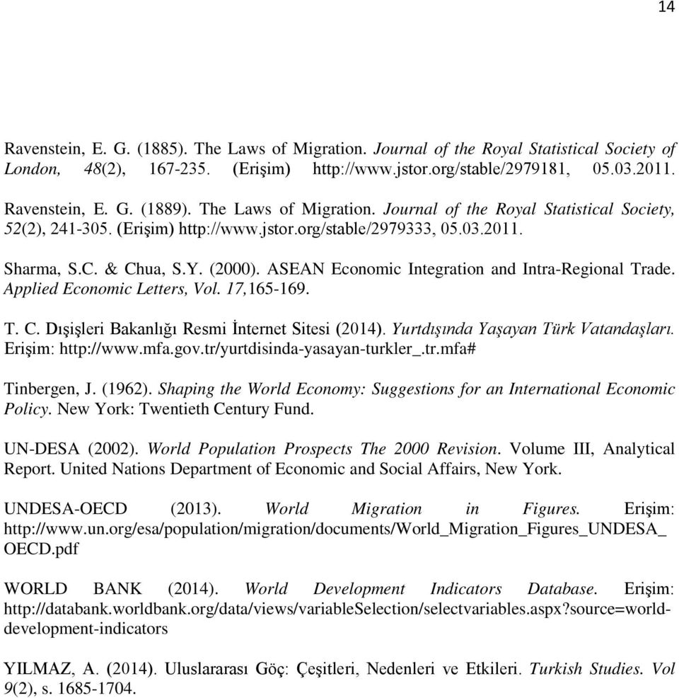 ASEAN Economic Integration and Intra-Regional Trade. Applied Economic Letters, Vol. 17,165-169. T. C. Dışişleri Bakanlığı Resmi İnternet Sesi (2014). Yurtdışında Yaşayan Türk Vatandaşları.